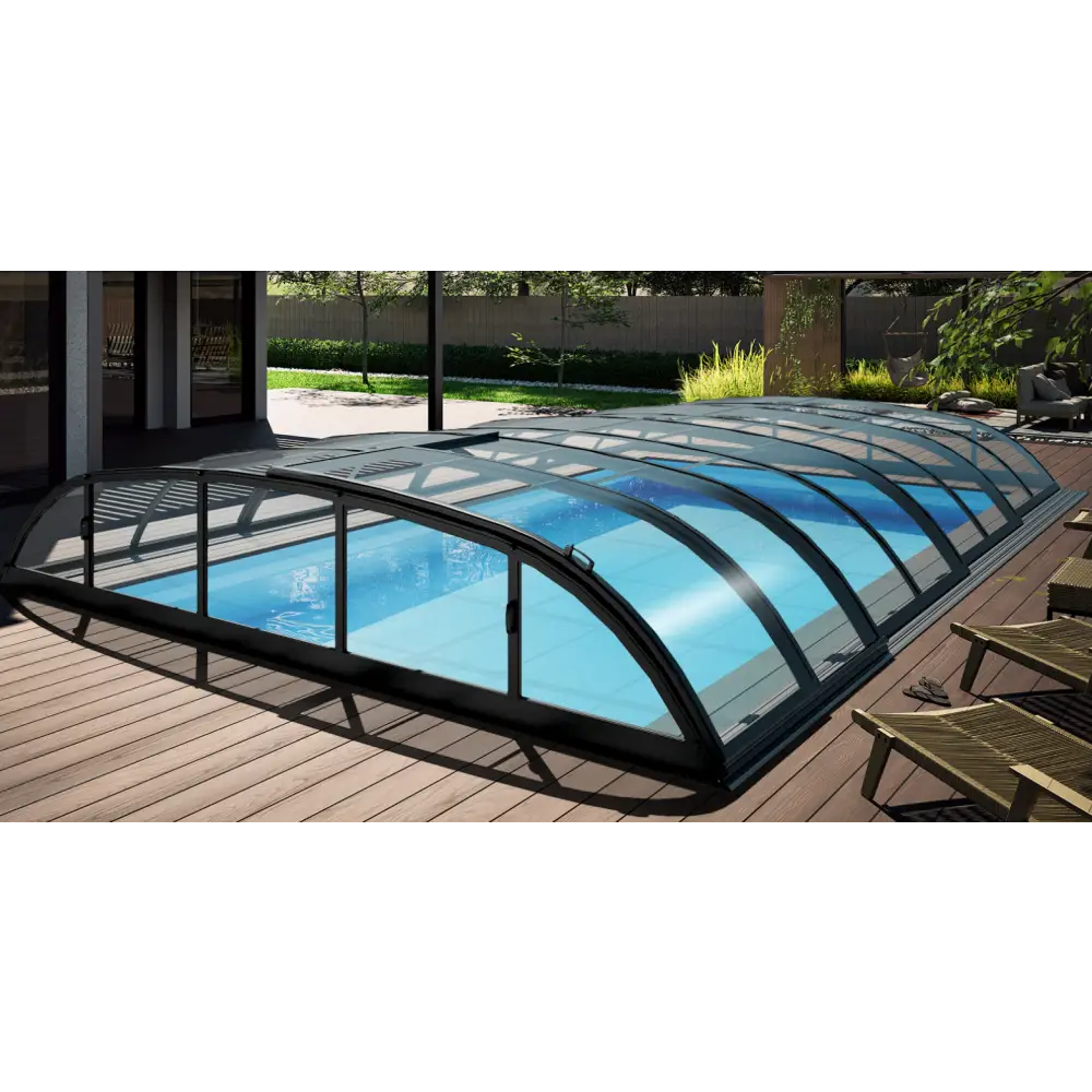 Pooltak Dallas 4×8 med svarta ramar och kurvig glasdesign